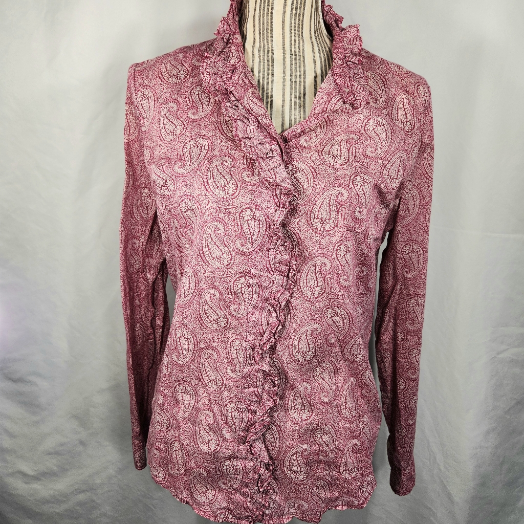 Ny&Co Pink Paisley Ruffle Accent High Neck Button Long Sleeve Top Size Medium